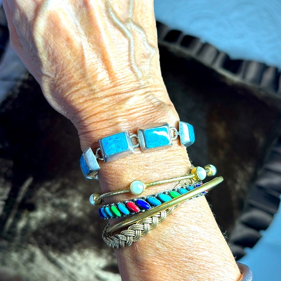Vintage Sterling Silver Mexico 925 polished turquoise or lapis 9 stone bracelet - Picture 1 of 9